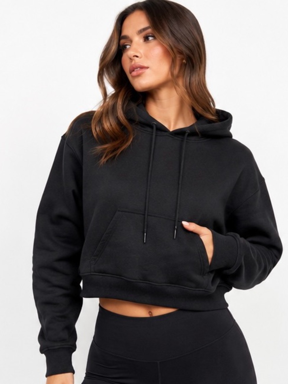 Black Cropped Hoodie Sweatshirt - Women